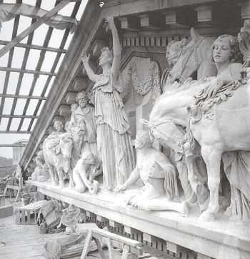 black and white image of the Capitol pediment restoration