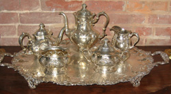 Silver engraved tray and tea service