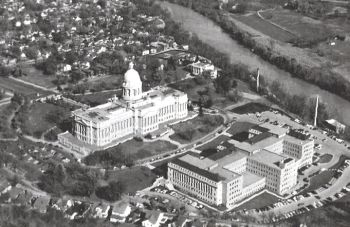 black and white aerial image of Kentucky Capitol and Annex